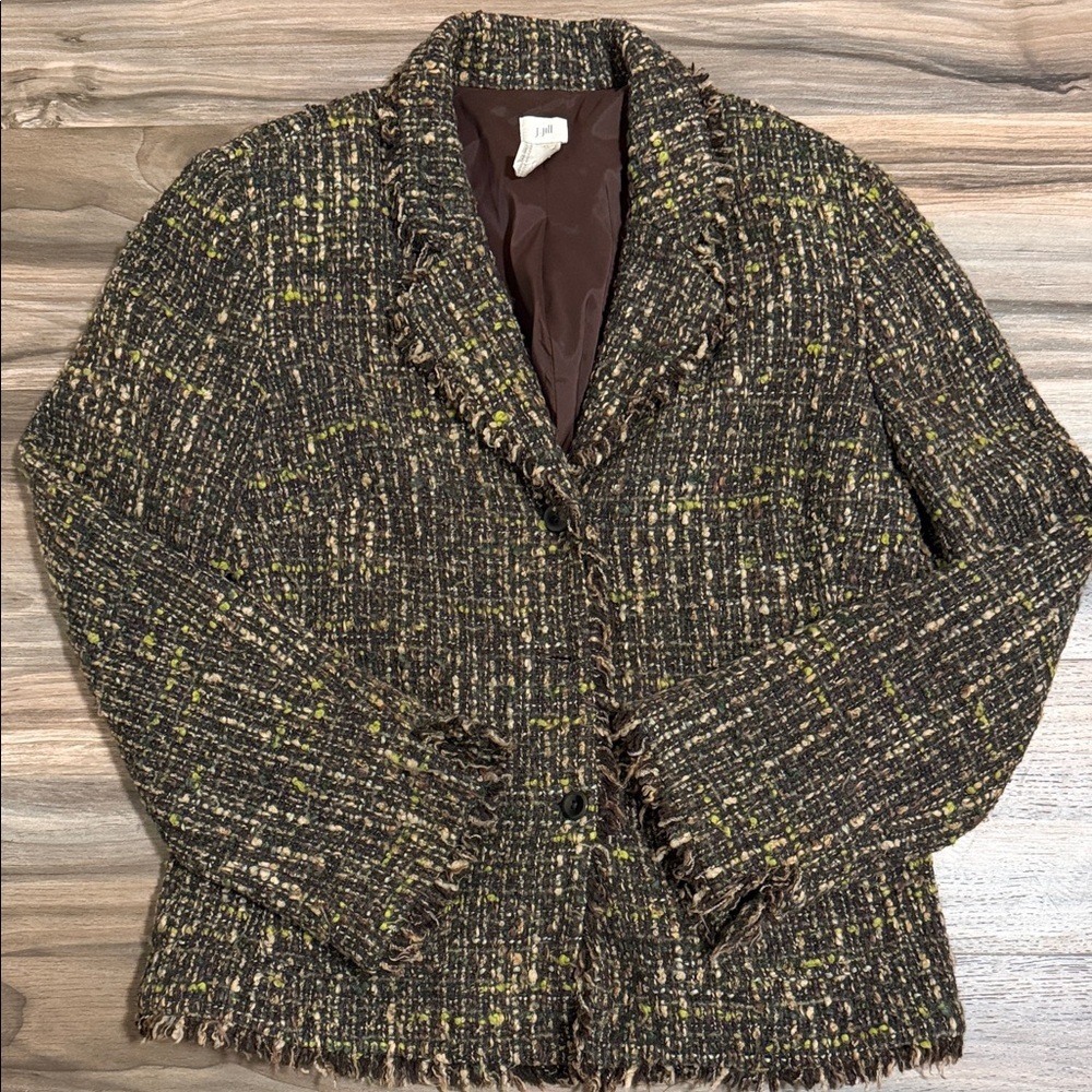 J. Jill Wool Blend Tweed Blazer Women's 14T Tall Buttons Pockets Fringe Lined